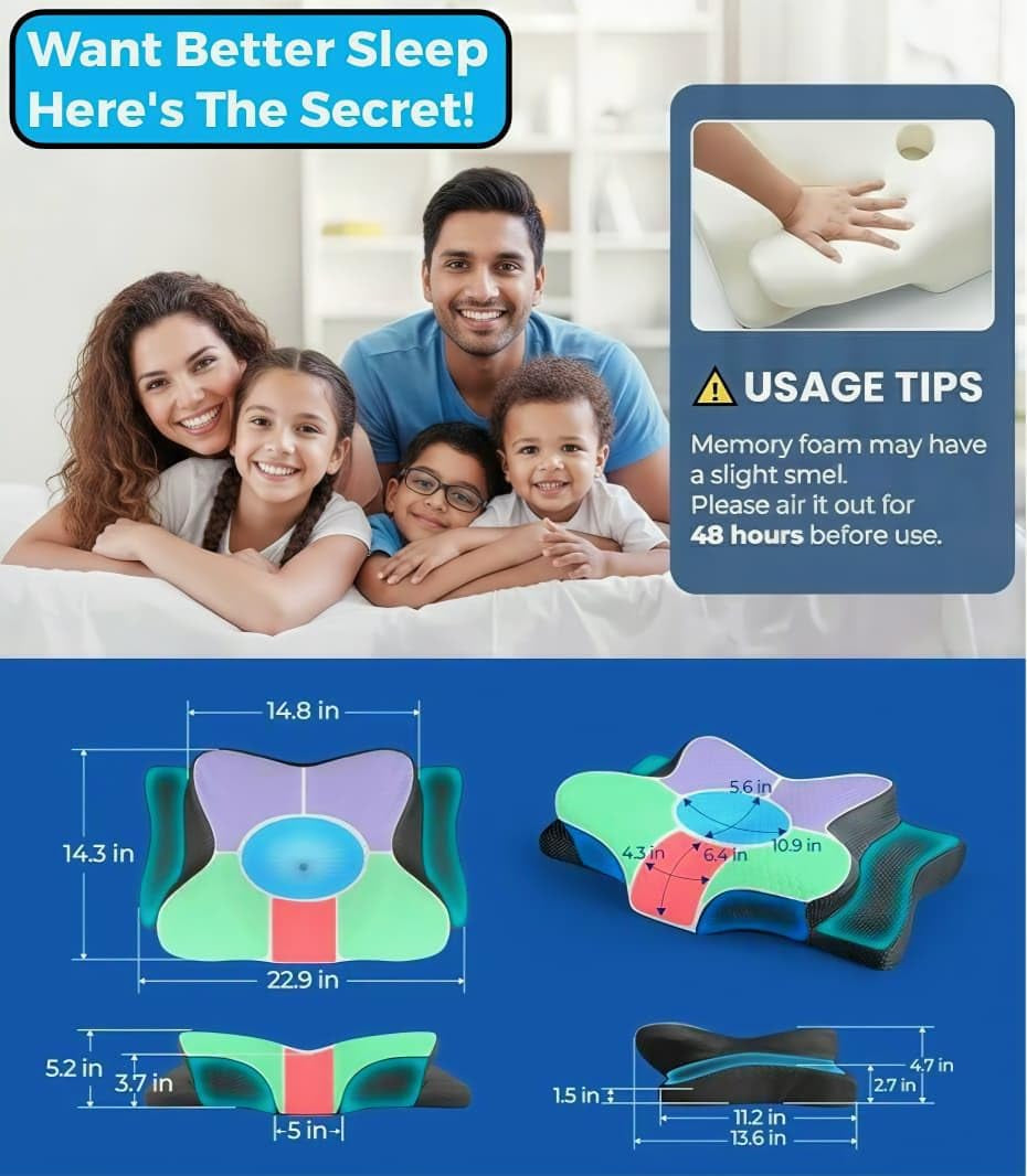Cooling Memory Foam Pillow for Neck and Shoulder Pain Relief, Adjustable Cervical Contour Bed Pillow, Orthopedic Ergonomic Design for Side, Back & Stomach Sleepers, Breathable and Extra Supportive
